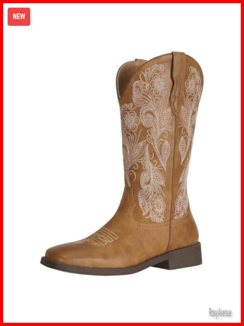 Women's Floral Embroidered Square Toe Western Cowboy Boots Faux Leather Mid-Calf